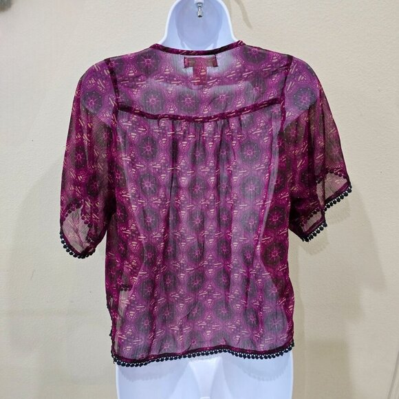 Band of Gypsies Sheer Boho Kimono Top โ Purple Print Crochet Trim Blouse | XS - Picture 4 of 11